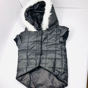 Small Dog Puffer Sleeveless Vel cro Fastened Fur Hoodie In Black